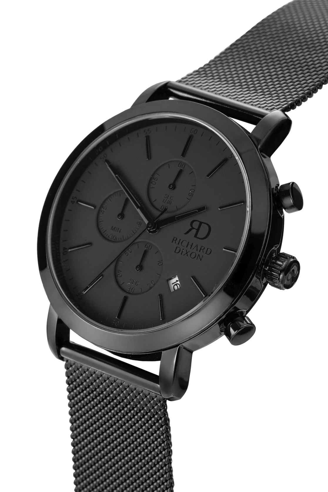Relógio de Homem Richard Dixon Iconic Chrono Mesh Full Dark com Fundo Branco em Detalhe