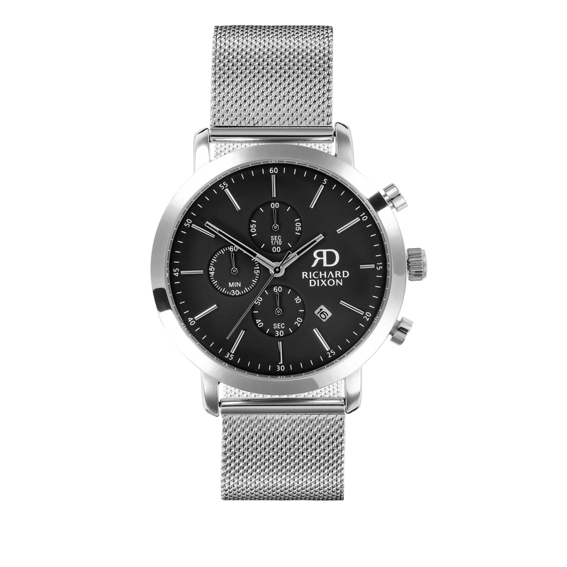 Relógio de Homem Richard Dixon Iconic Chrono Mesh Silver Black com Fundo Branco de Frente