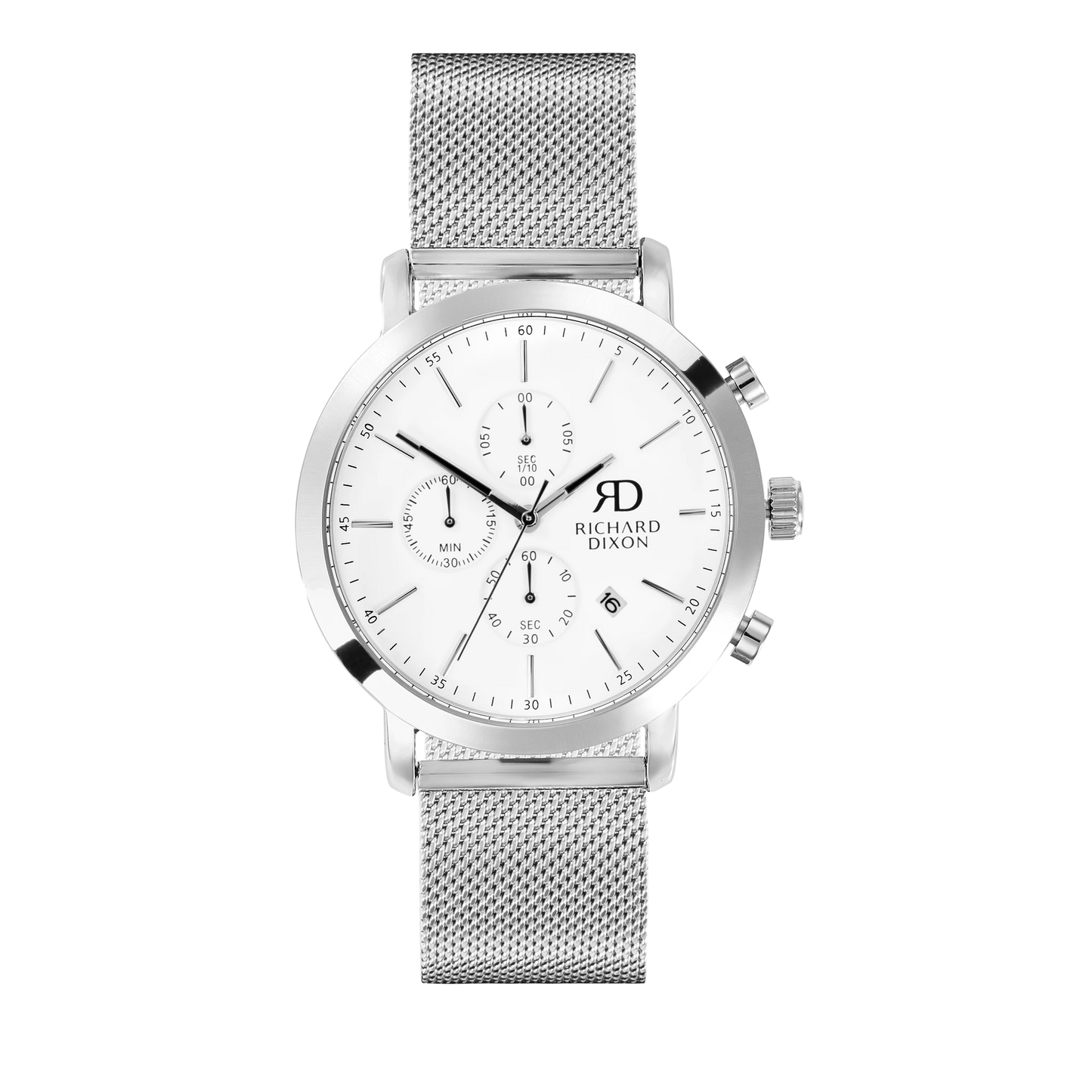 Relógio de Homem Richard Dixon Iconic Chrono Mesh Silver White com Fundo Branco de Frente