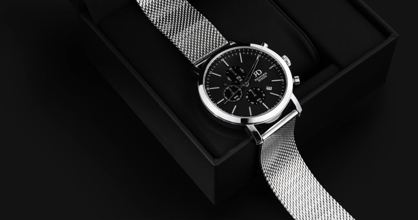 Relógio de Homem Richard Dixon Iconic Chrono Mesh Silver Black Deitado na Caixa