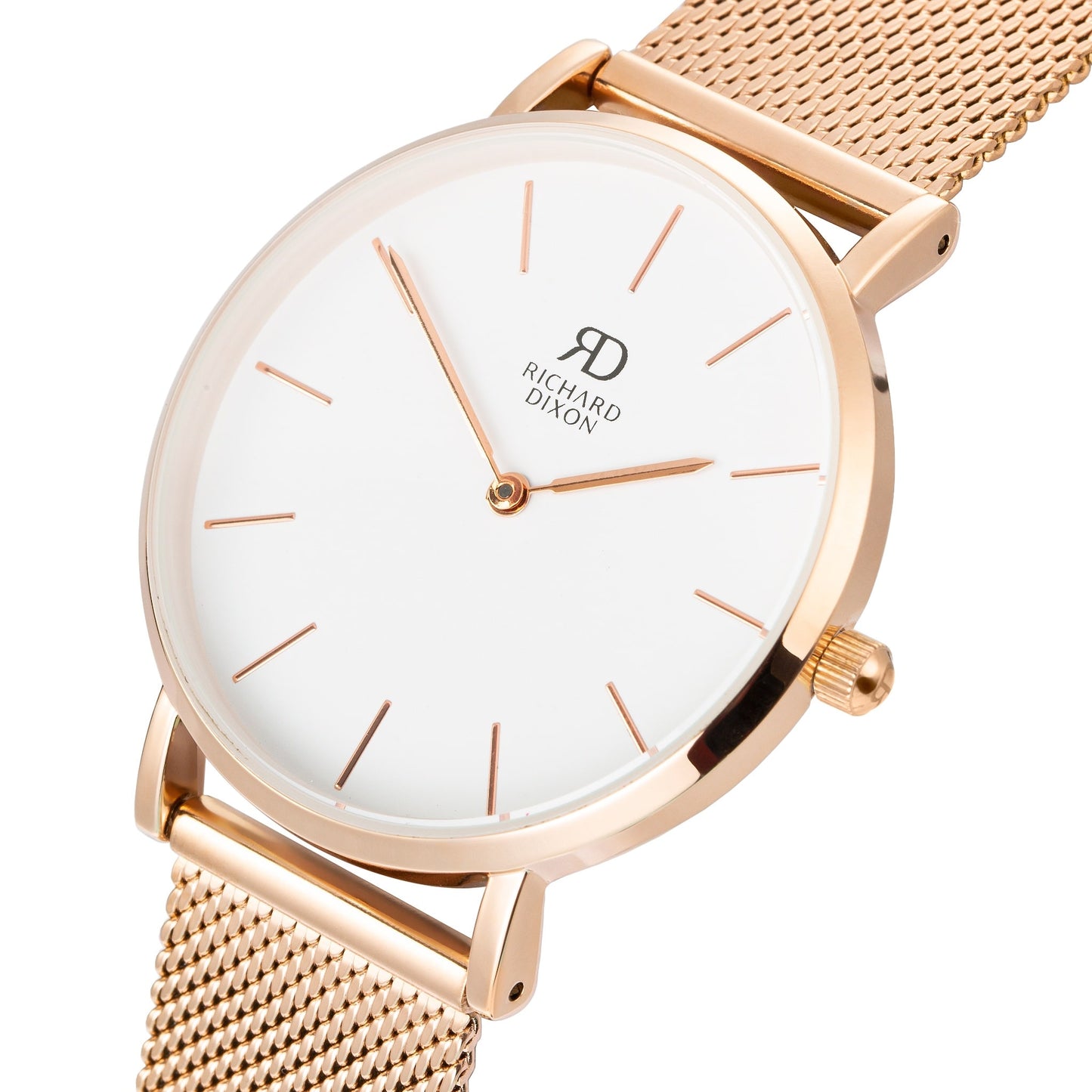 Relógio de Mulher Richard Dixon Classic Mesh Rose Gold White com Fundo Branco em Detalhe