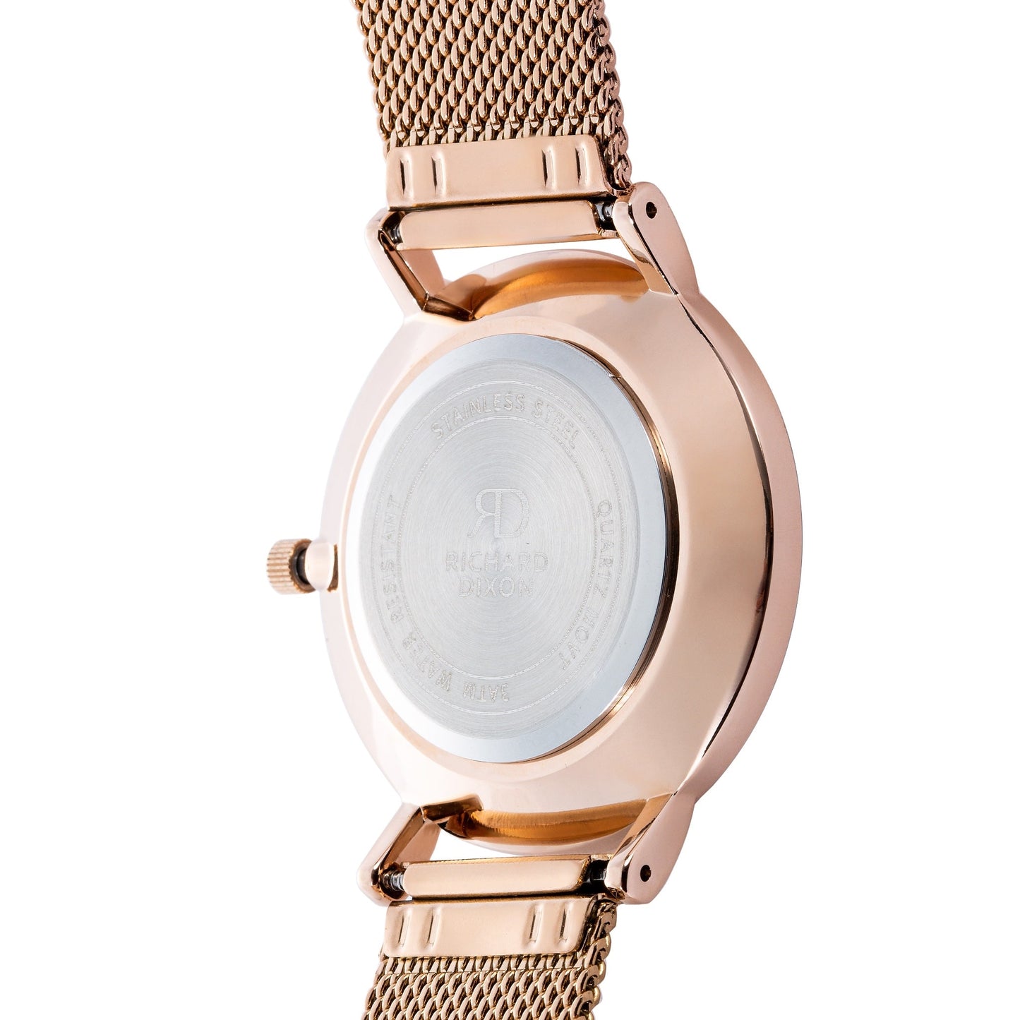 Relógio de Mulher Richard Dixon Classic Mesh Rose Gold White com Fundo Branco de Trás em Detalhe