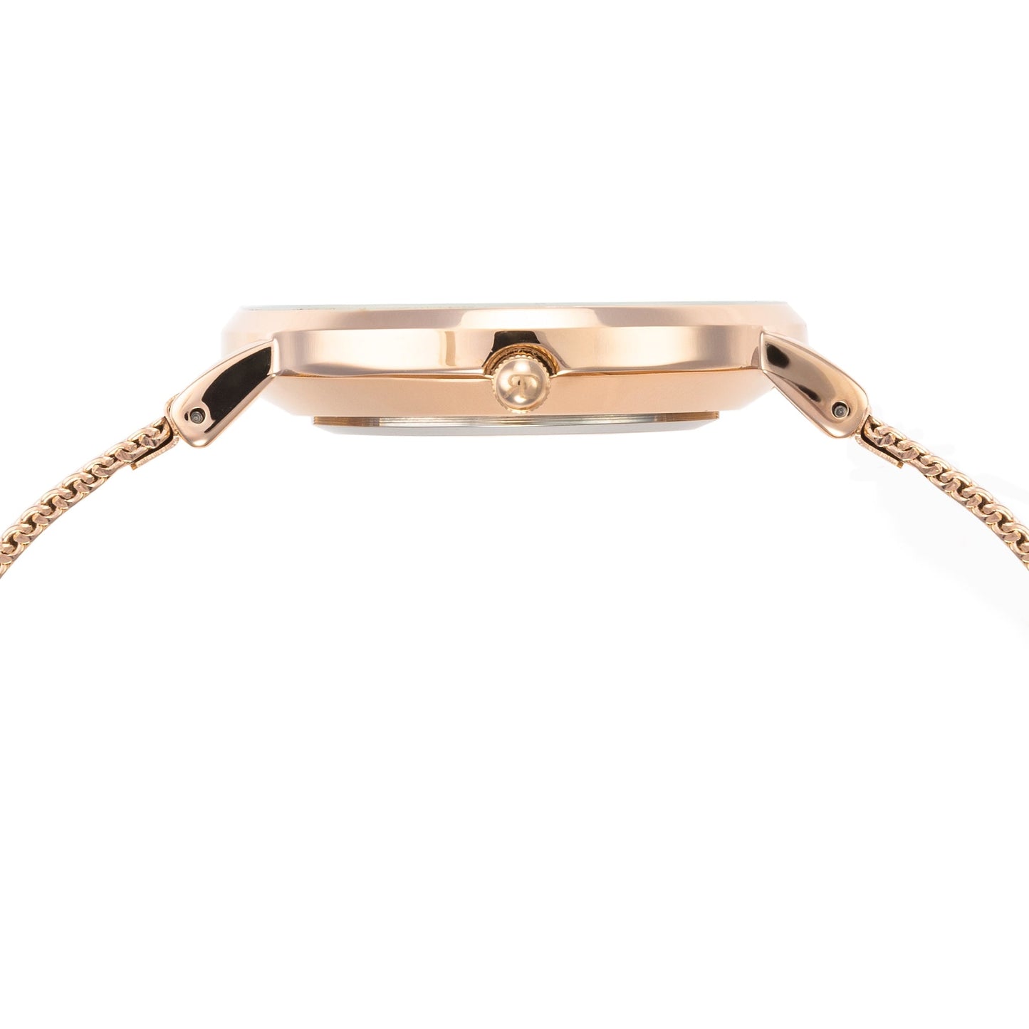 Relógio de Mulher Richard Dixon Classic Mesh Rose Gold White com Fundo Branco de Lado