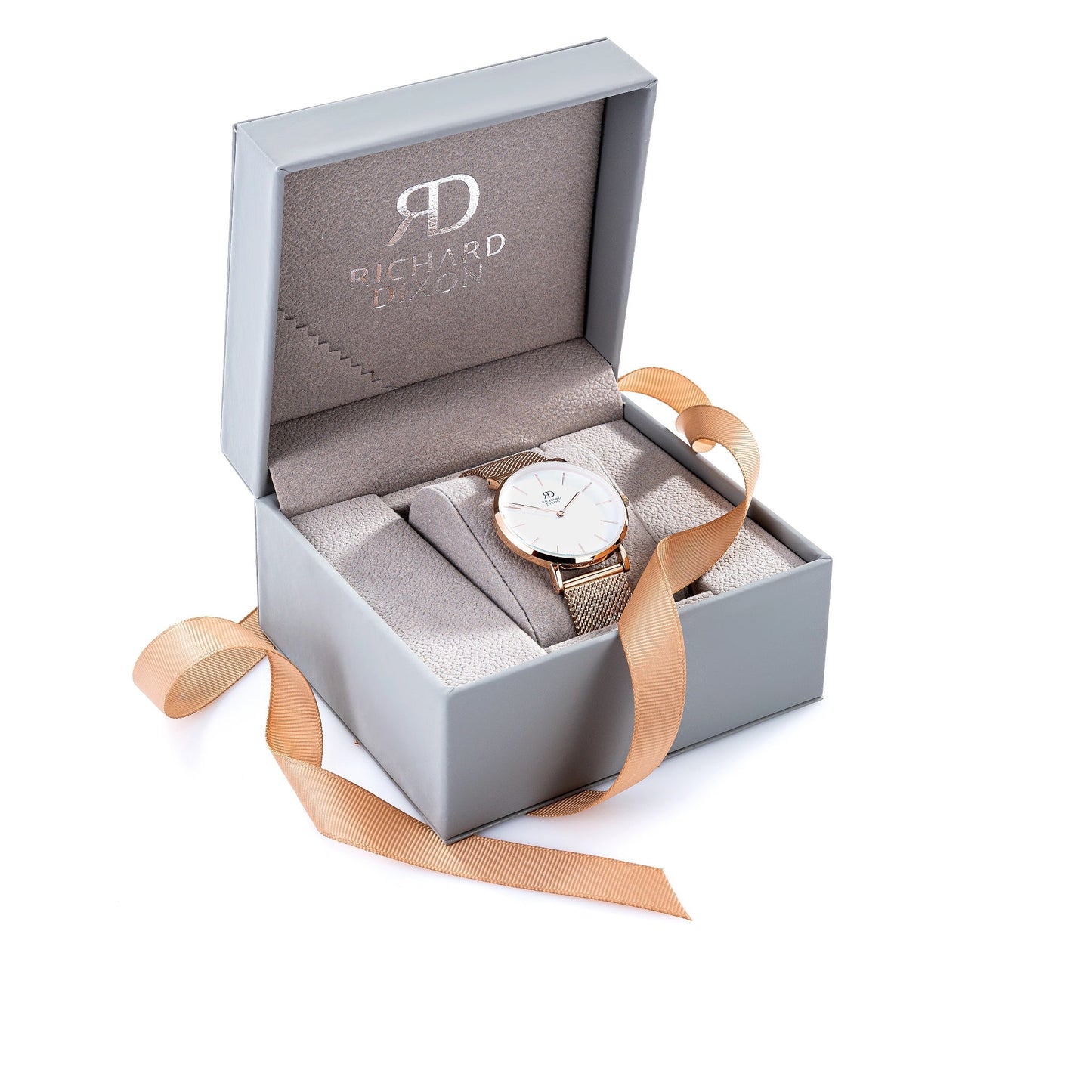 Relógio de Mulher Richard Dixon Classic Mesh Rose Gold White com Fundo Branco na Caixa