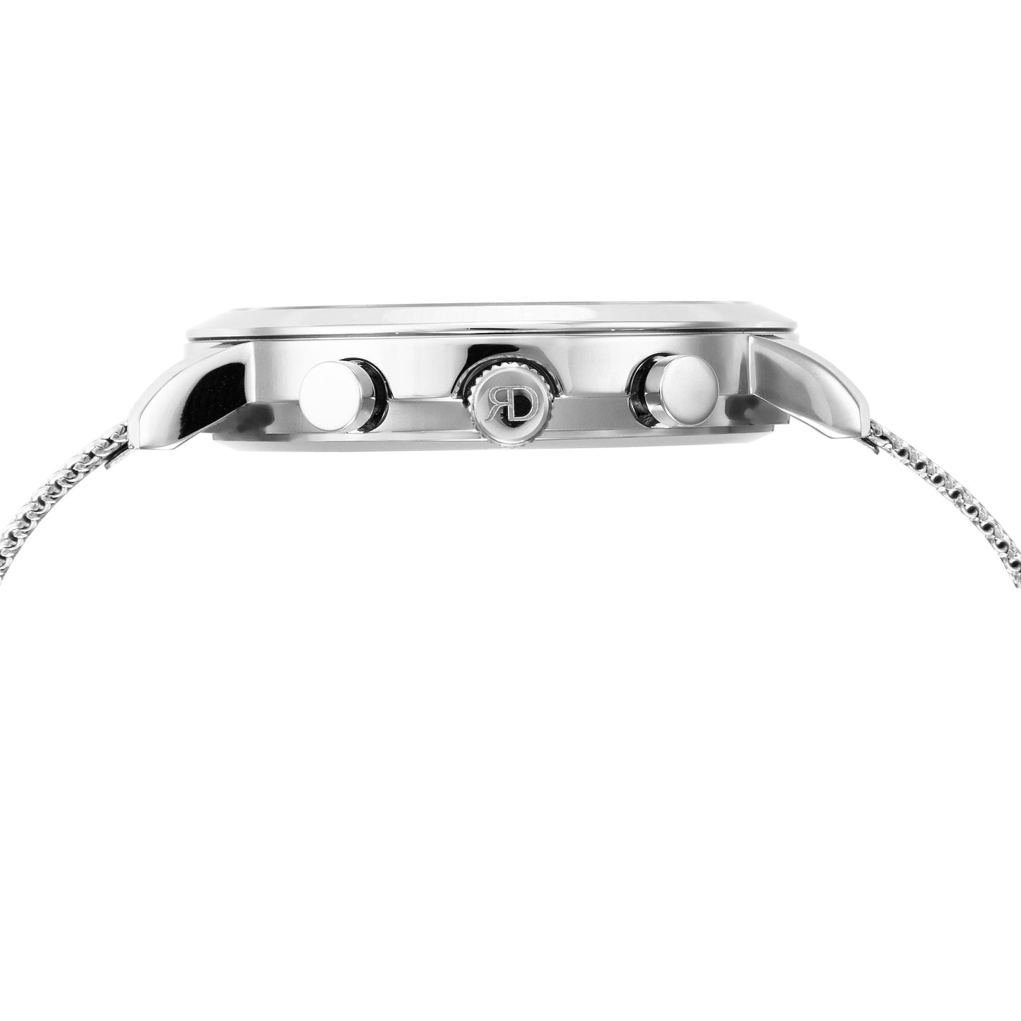 Relógio de Homem Richard Dixon Iconic Chrono Mesh Silver Black com Fundo Branco de Lado