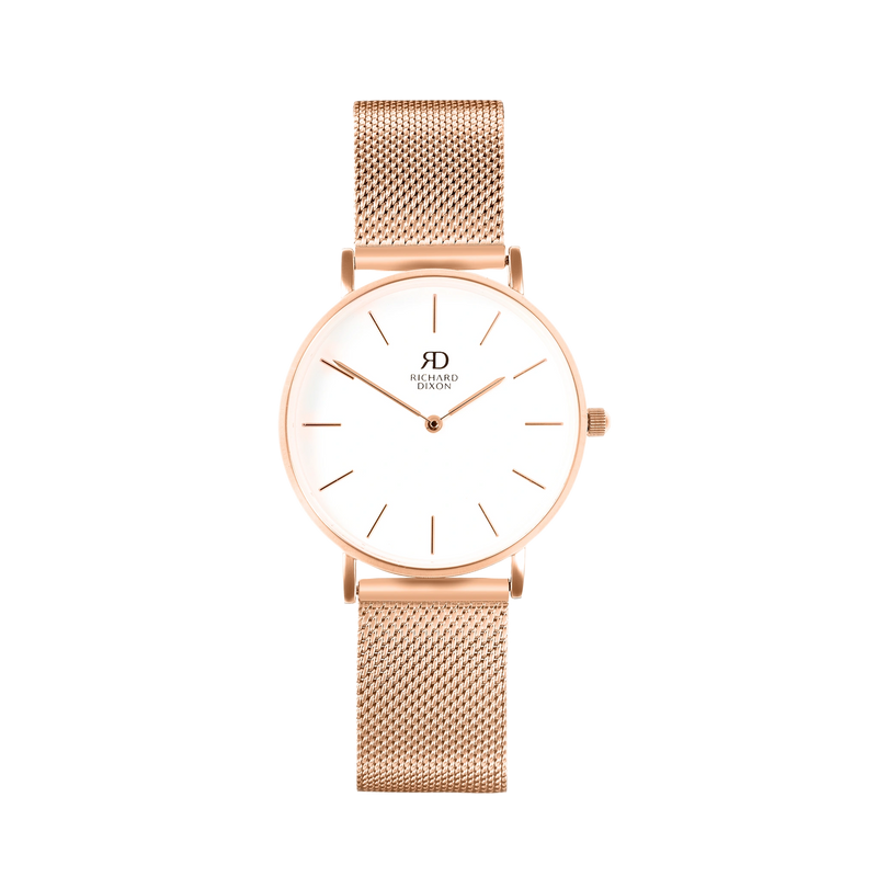 Relógio de Mulher Richard Dixon Classic Mesh Rose Gold White com Fundo Branco de Frente