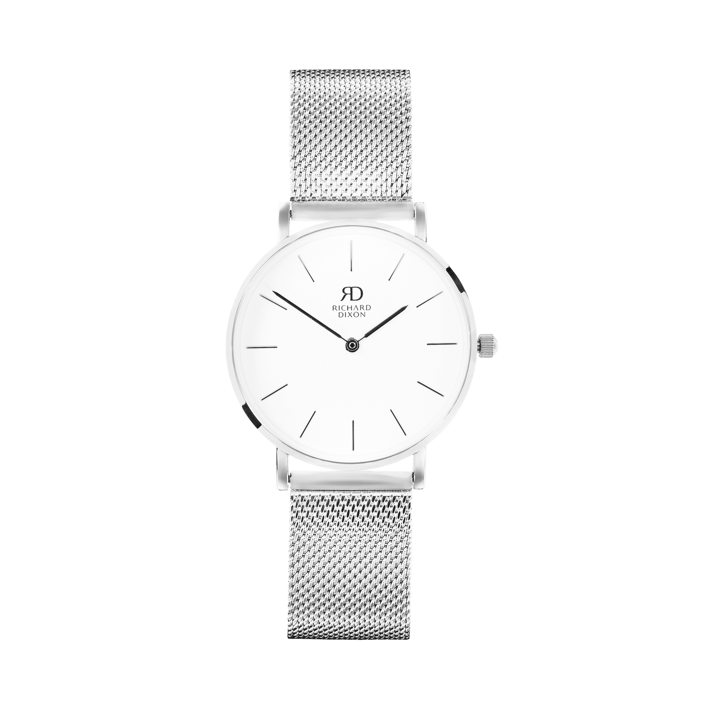 Relógio de Mulher Richard Dixon Classic Mesh Silver White com Fundo Branco de Frente