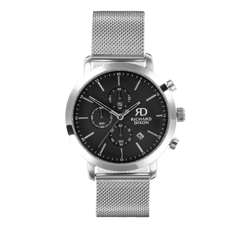 Relógio de Homem Richard Dixon Iconic Chrono Mesh Silver Black com Fundo Branco de Frente