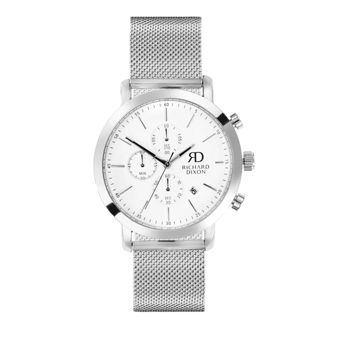 Relógio de Homem Richard Dixon Iconic Chrono Mesh Silver White com Fundo Branco de Frente