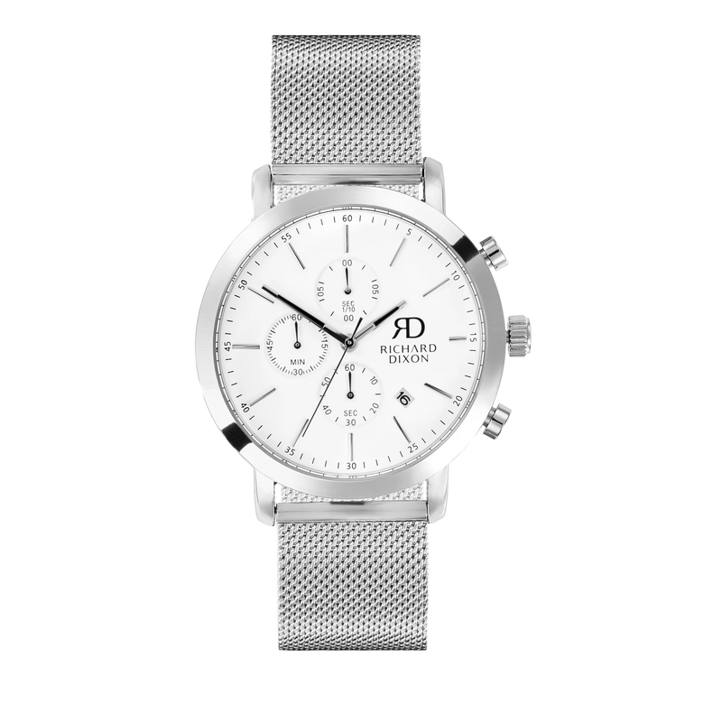 Relógio de Homem Richard Dixon Iconic Chrono Mesh Silver White com Fundo Branco de Frente