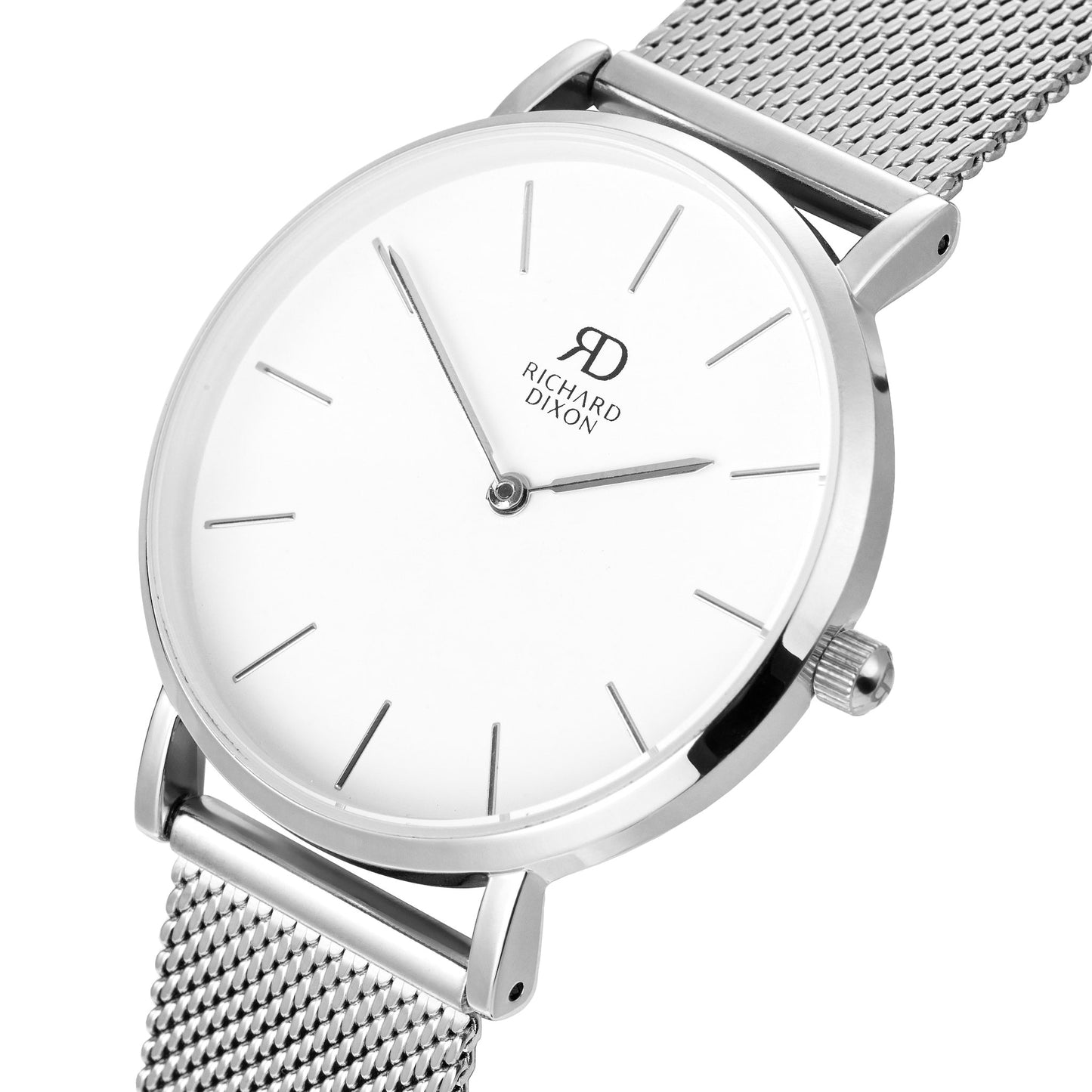 Relógio de Mulher Richard Dixon Classic Mesh Silver White com Fundo Branco em Detalhe