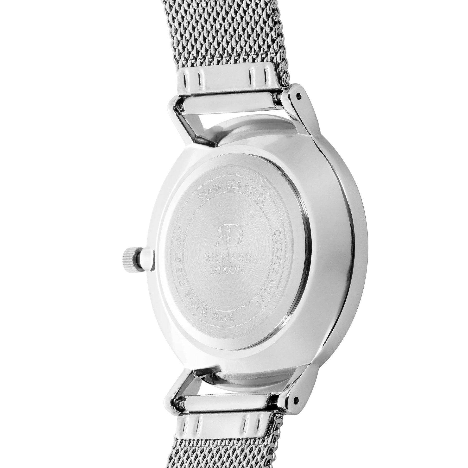 Relógio de Mulher Richard Dixon Classic Mesh Silver White com Fundo Branco de Trás em Detalhe