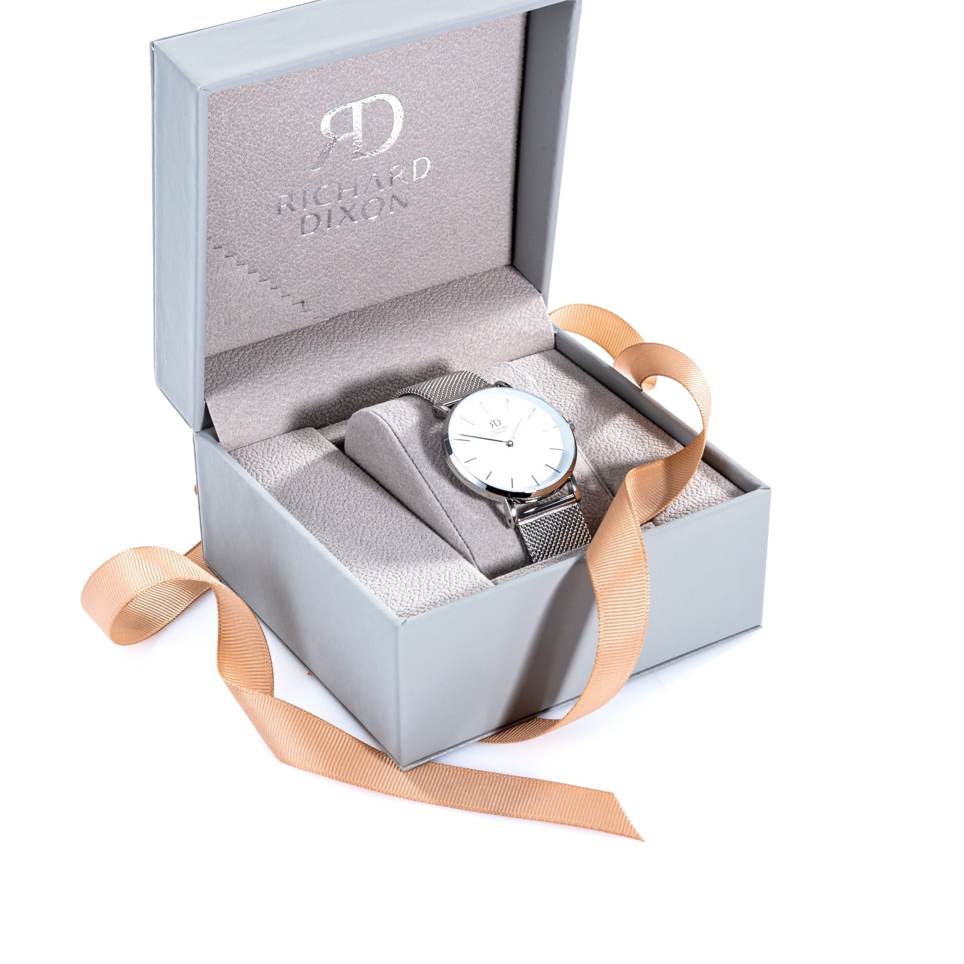 Relógio de Mulher Richard Dixon Classic Mesh Silver White com Fundo Branco na Caixa