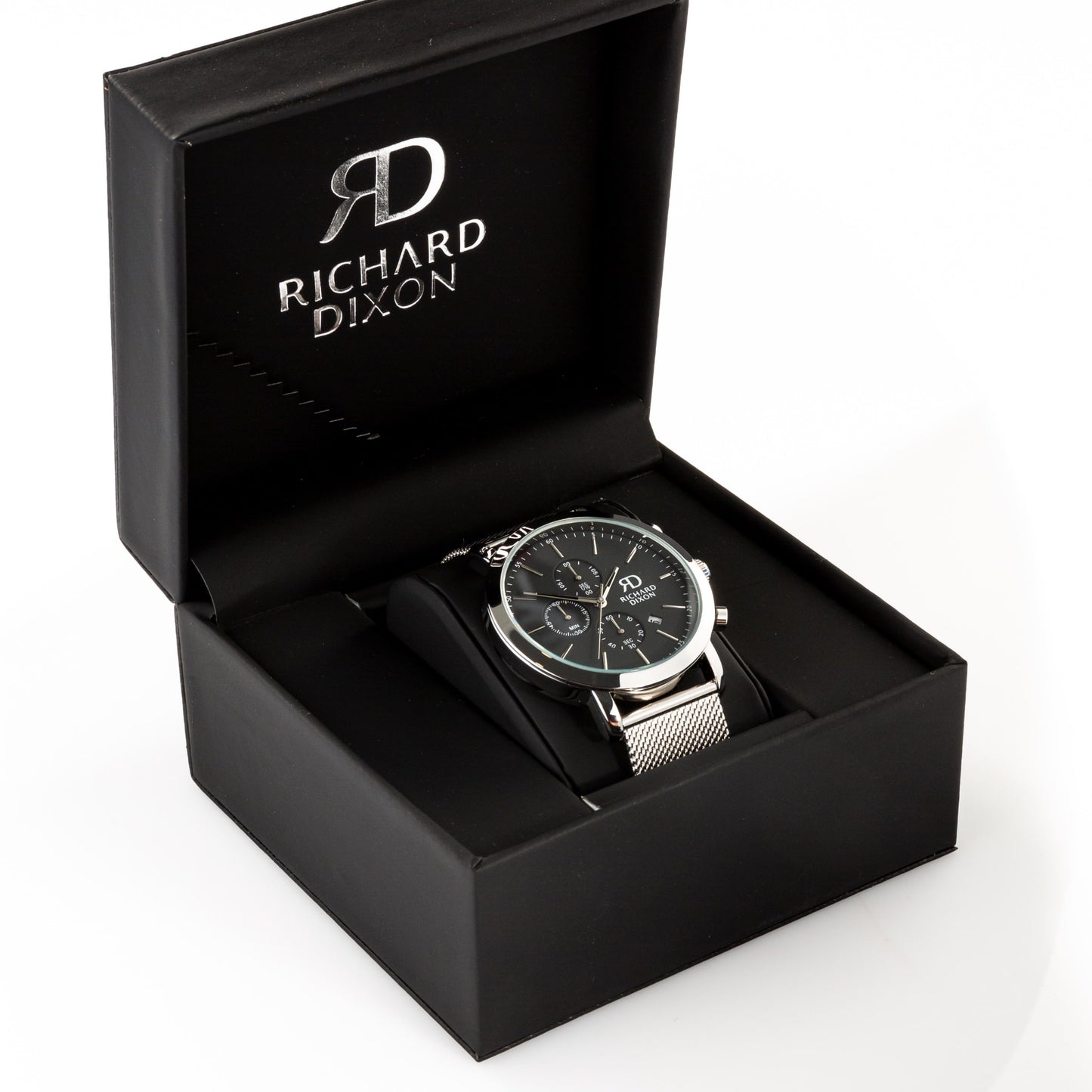 Relógio de Homem Richard Dixon Iconic Chrono Mesh Silver Black com Fundo Branco na Caixa