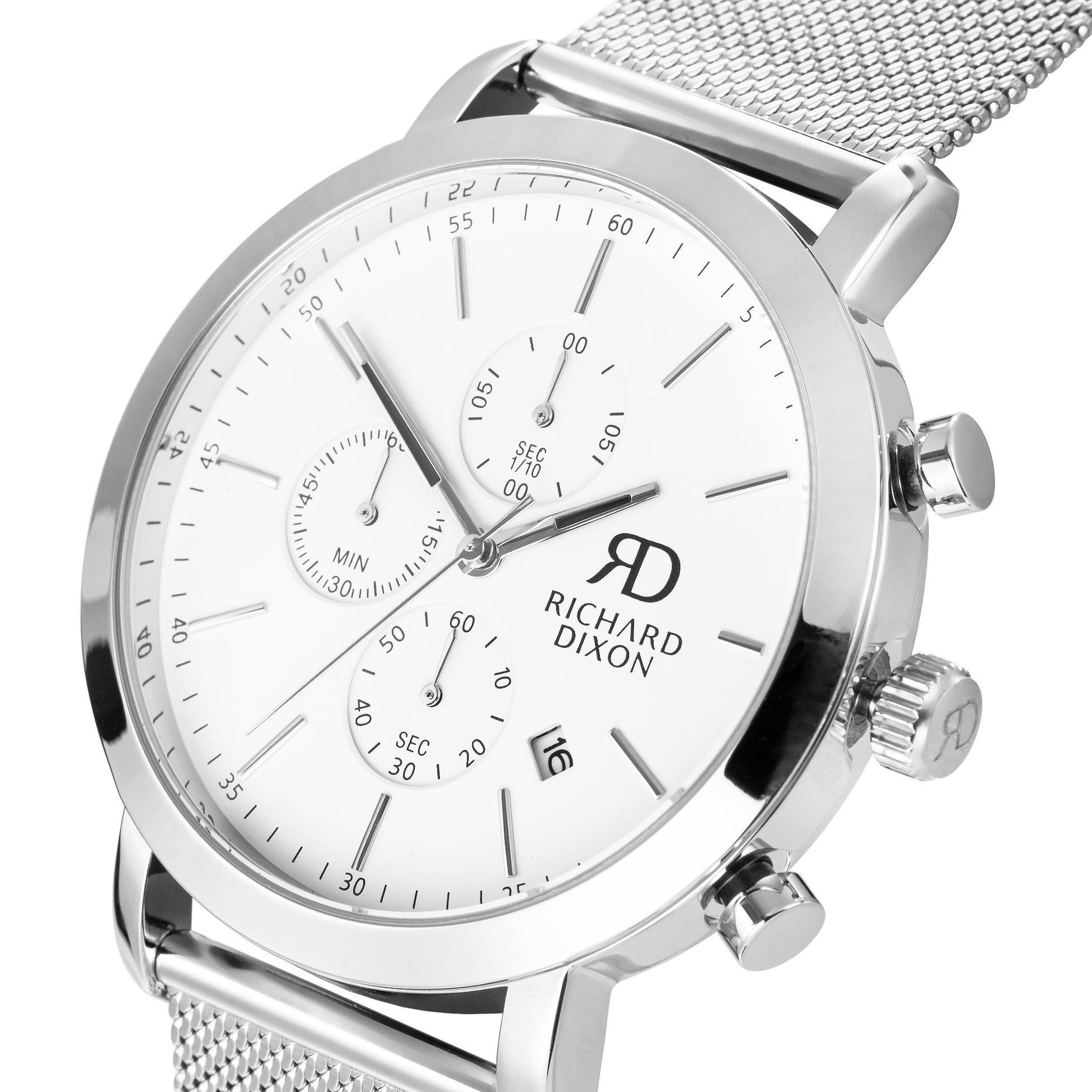 Relógio de Homem Richard Dixon Iconic Chrono Mesh Silver White com Fundo Branco em Detalhe