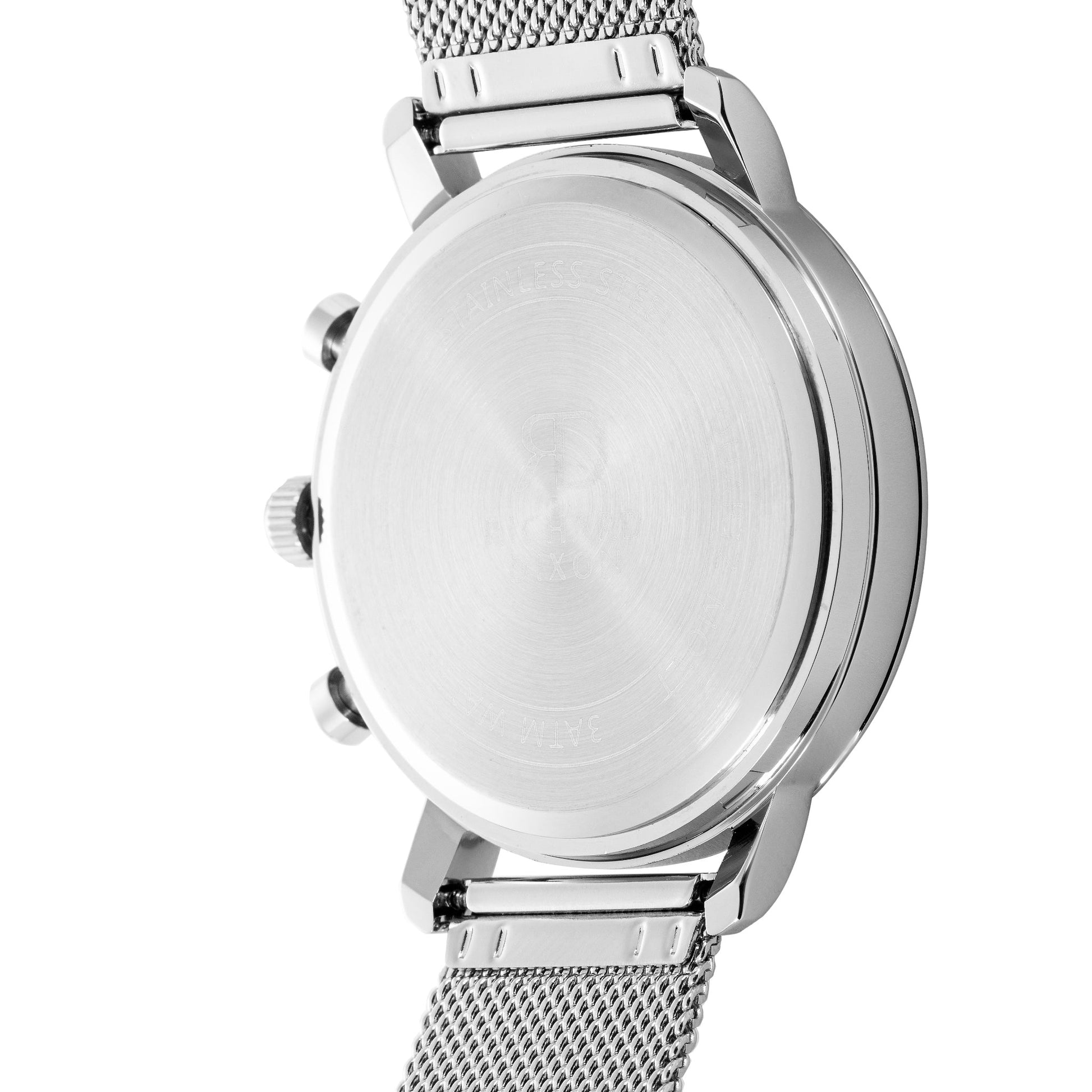 Relógio de Homem Richard Dixon Iconic Chrono Mesh Silver White com Fundo Branco de Trás em Detalhe
