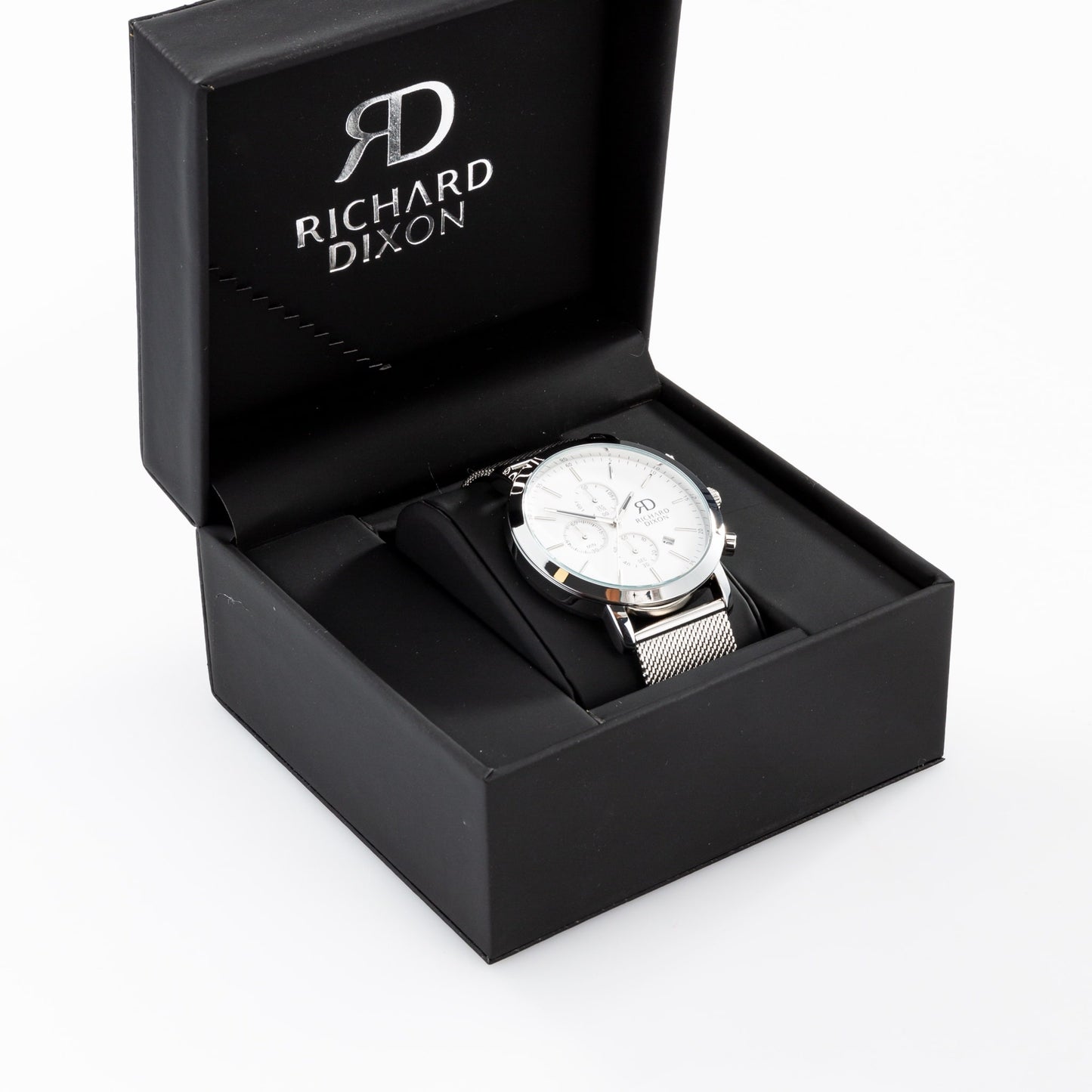Relógio de Homem Richard Dixon Iconic Chrono Mesh Silver White com Fundo Branco na Caixa