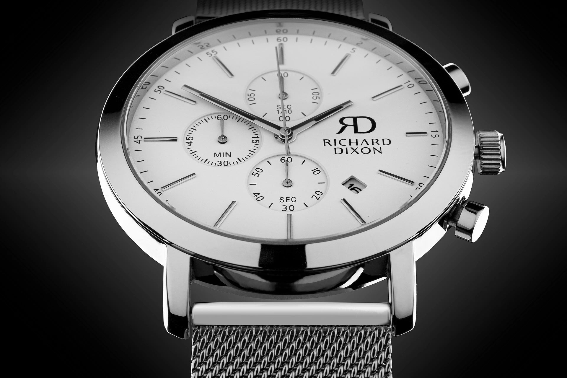 Relógio de Homem Richard Dixon Iconic Chrono Mesh Silver White de Frente em Detalhe