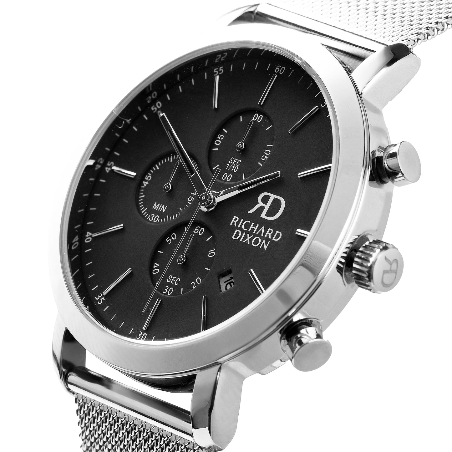 Relógio de Homem Richard Dixon Iconic Chrono Mesh Silver Black com Fundo Branco em Detalhe